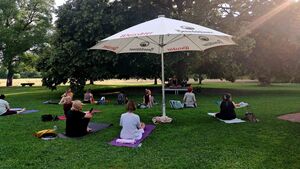 Bild zeigt die Teilnehmerinnen der Yogastunde jeweils mit Anna Borsch und Katharina David auf der Mühleninsel der Bettinger Mühle.